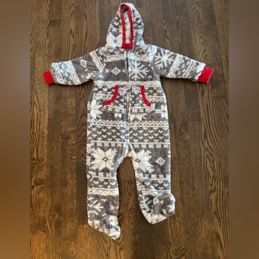 Fleece Gray and White Fair Isle Print Footie with Detachable Hood, 18M